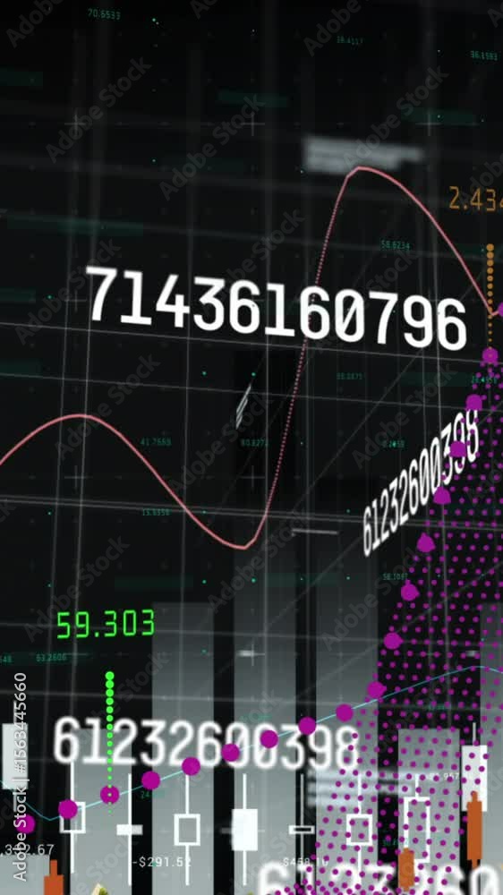 Poster animation of financial and statistical data processing against blue light spot on black background