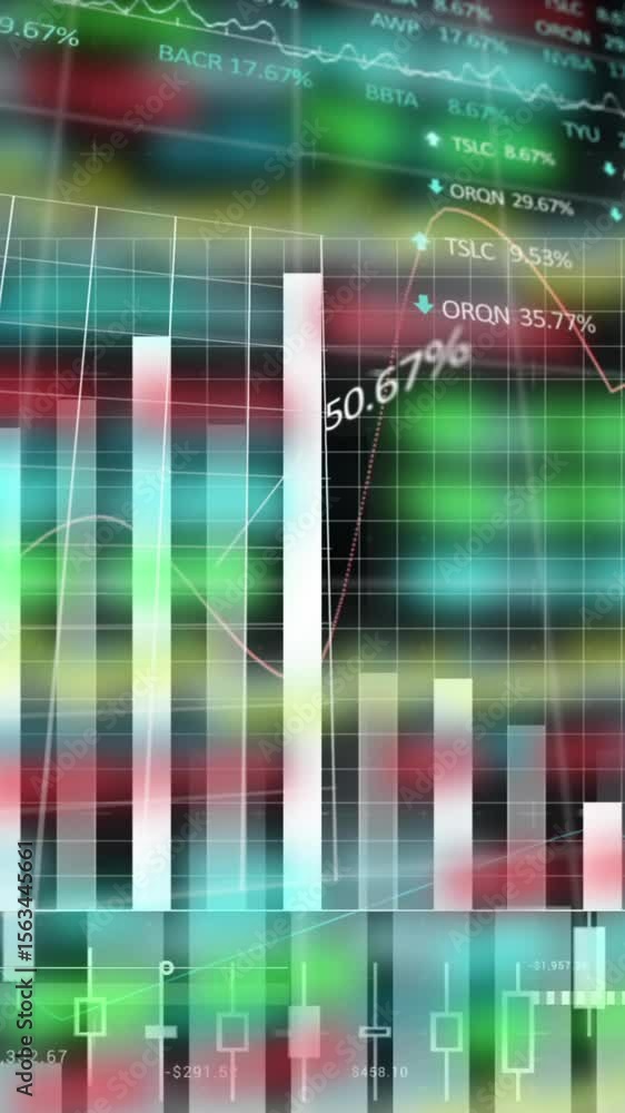Aufkleber animation of stock market and statistical data processing against black background