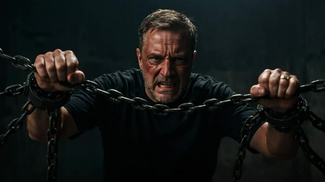 Man struggling with chains and showing intense emotion in dark setting  