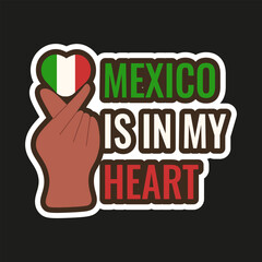 Viva Mexico. Viva Mexico sticker isolated black backgorund. Vector illustration of hands with heart and mexican flag. Perfect holiday Sticker scrapbook patch design. EPS 10