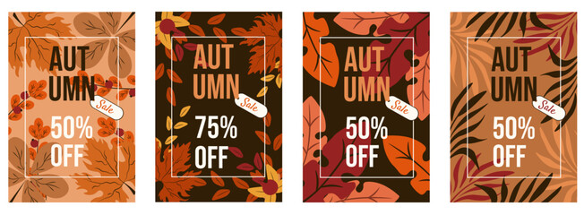 Autumn Sale poster cover set. Vector illustration of abstract Autumn plants background with Sale typography. Sale poster collection with gold Autumn leaves orange plants. EPS 10