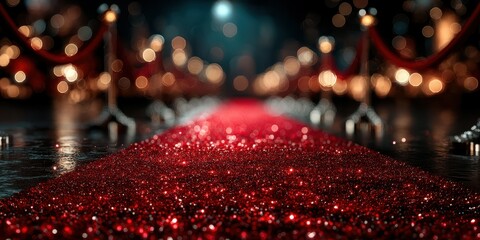 Red carpet event takes place at night illuminated by sparkling lights and elegant decorations in a glamorous setting