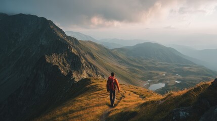 Fototapeta premium Hiker Alone on a Scenic Mountain Trail in the Golden Hour Light