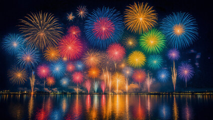 Colorful firework with bokeh background. New Year celebration, Abstract holiday background