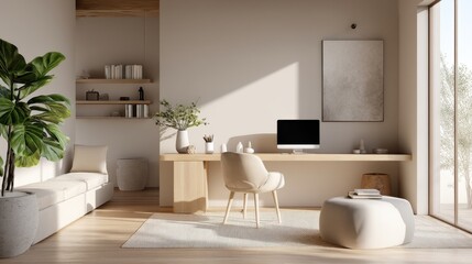 Fototapeta premium Modern home office with minimalist furniture and natural light aesthetic