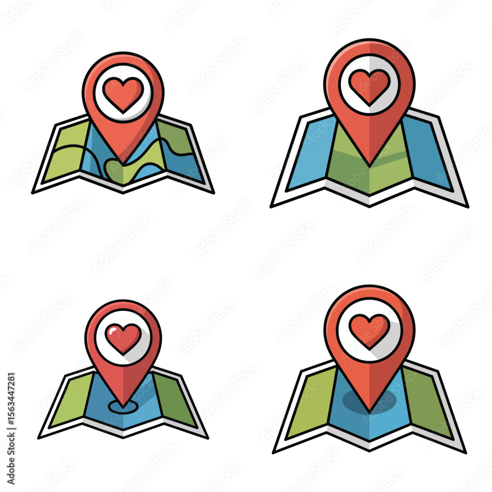 Aufkleber four colorful illustrations of folded maps with red heart location markers green and blue map sectio