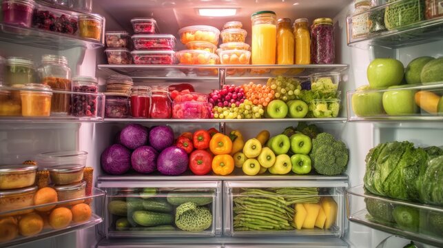 Organized refrigerator filled with colorful fresh vegetables, fruits, and healthy food items