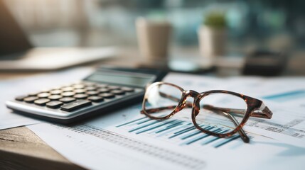 Close-up of glasses, calculator, and financial documents on a wooden desk