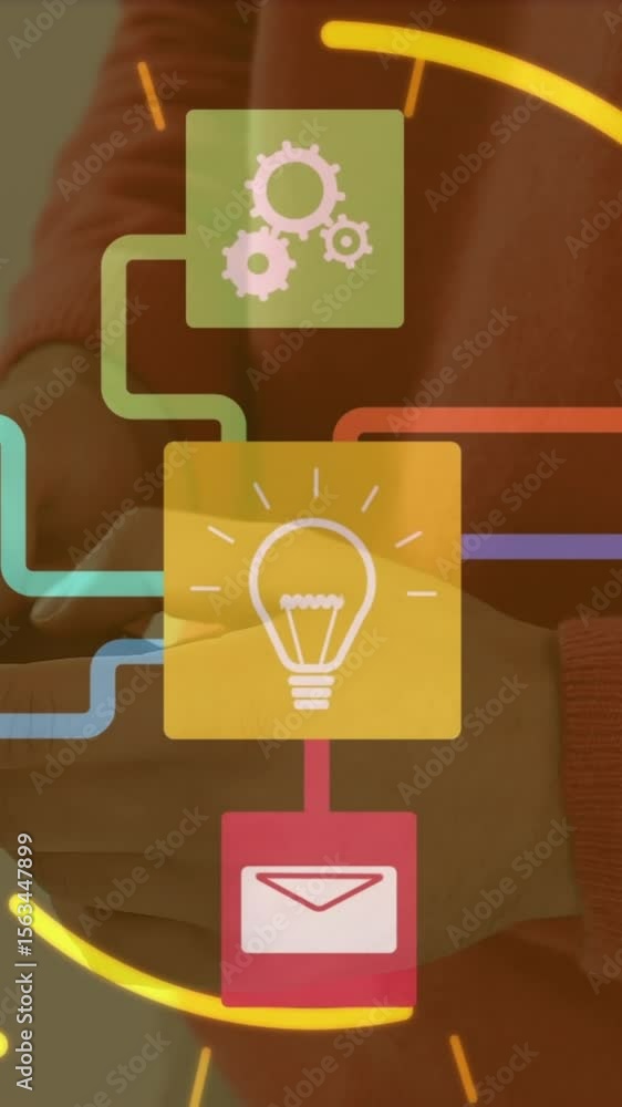 Poster animation of network of connections with icons over man using smartphone
