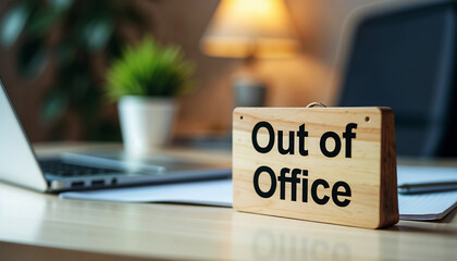 Out of Office Sign on Desk with Laptop and Plant for Business Blogs, Remote Work Websites, Office Culture Articles, and Email Management Content  