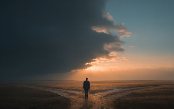 Businessman standing at a crossroads choosing between right and wrong, decision making concept with dramatic stormy sky on one side and sunny landscape on the other, path of choices journey concept