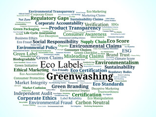 Ecolabels And Greenwashing Word Cloud. Key Concepts In Environmental Claims And Ethics