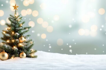 Obraz premium A beautifully decorated Christmas tree with twinkling lights, surrounded by snow and sparkling bokeh in the background.