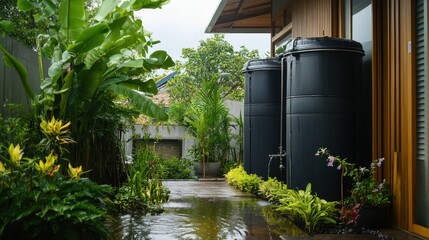 Naklejka premium Modern Rainwater Harvesting System with Storage Tanks in Garden