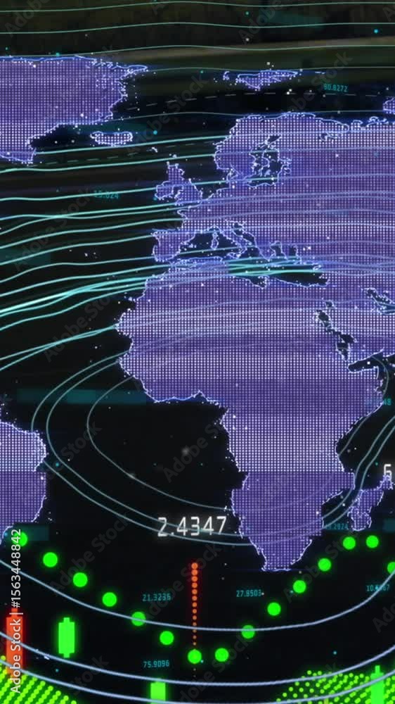 Poster animation of network of connections and data processing over world map