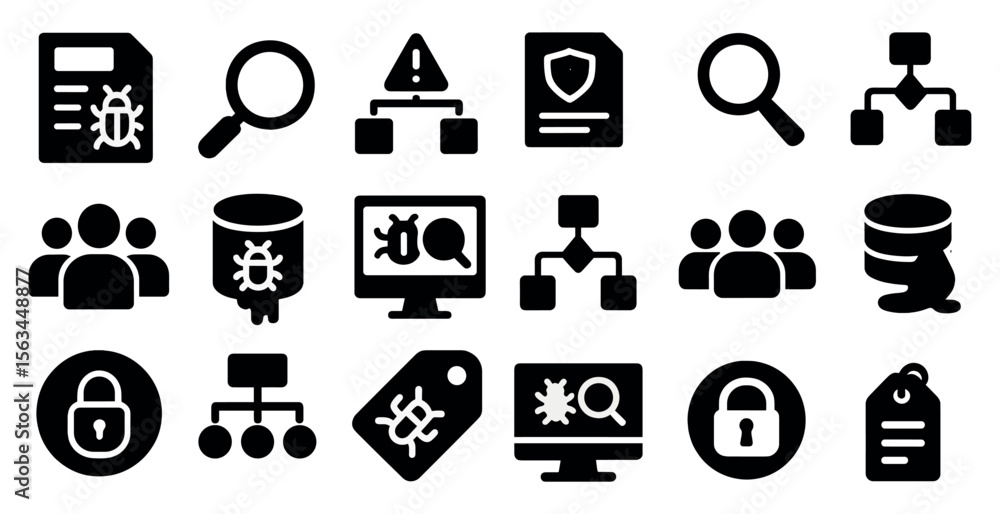 Poster collection of icons for various computer-related tasks, including a magnifying glass, a key, and a l