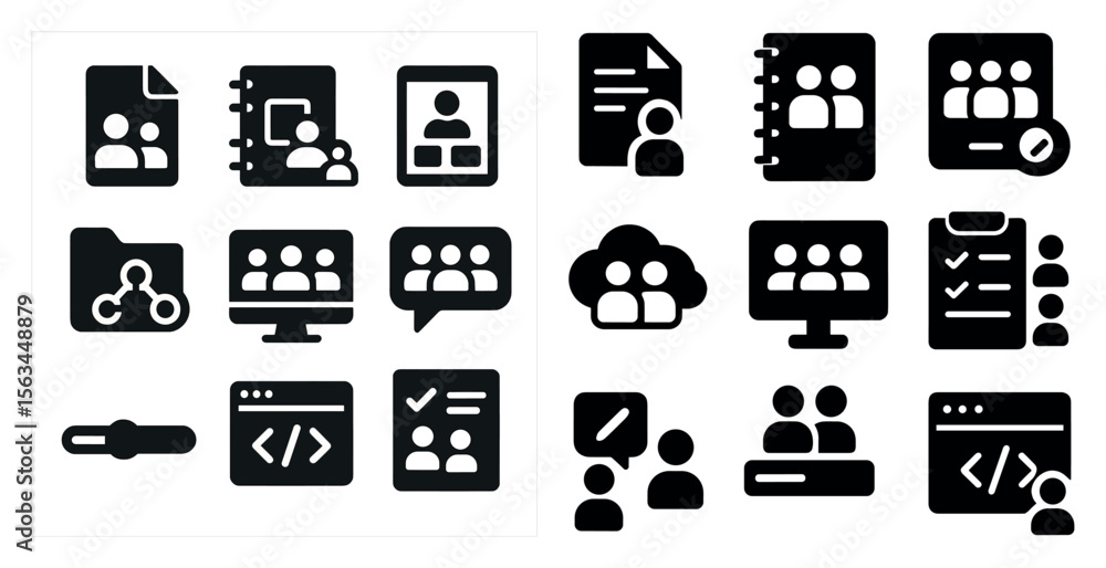Poster set of icons for various office and computer-related tasks. the icons include a computer monitor, a 