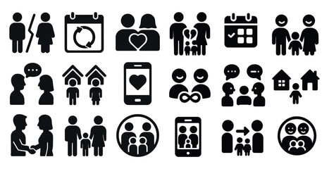Fototapeta premium Collection of icons depicting various family relationships and activities. The icons include a heart, a cell phone, a house, a house with a family, a house with a child, a house with a child