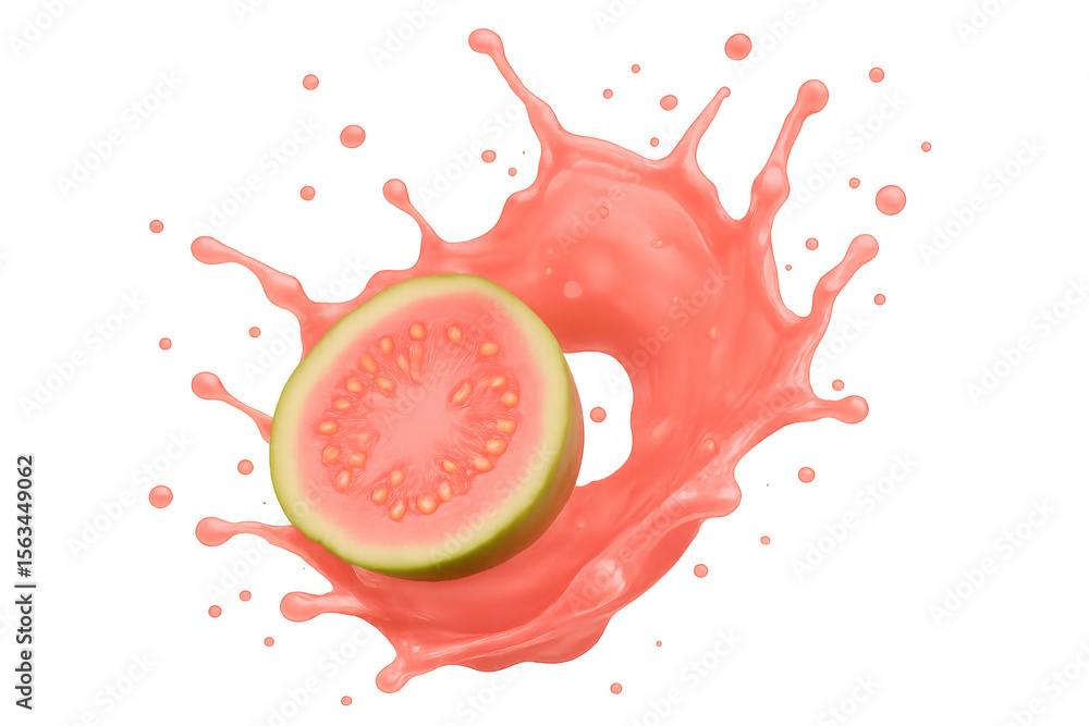 Poster halved guava plunging into vibrant pink juice, generating dynamic splash with arcing droplets agains