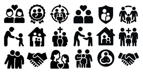 Collection of black and white icons that represent family and relationships. The icons include a handshake, a hug, a kiss, a house, a church, a cross, and a family. Scene is warm and loving