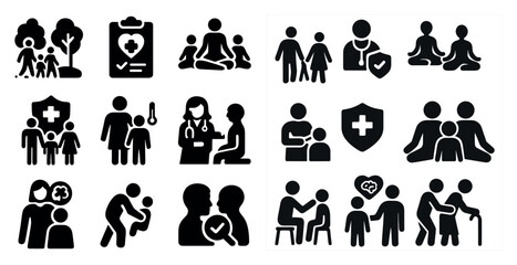 Obraz premium Collection of medical icons including a doctor, a nurse, a child, and a parent. The icons are all black and white