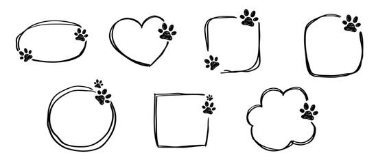 Set of doodle paw footprint frame. Sketch shape frames with paws. Hand drawn heart, circle, square, bubble line shapes with cute pet footsteps.