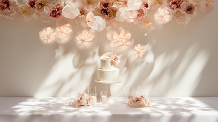 Elegant wedding cake adorned with floral decorations under soft overhead lighting.
