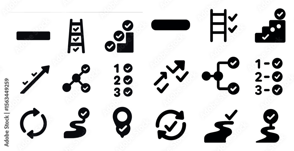 Poster set of icons that represent different steps in a process. the icons include a ladder, a check mark, 