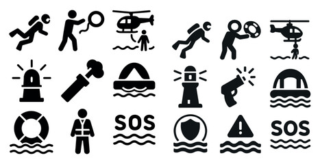 Collection of black and white icons that represent various water-related safety measures. The icons include a man in a life jacket, a man in a rescue suit, a man in a helicopter, a man in a boat