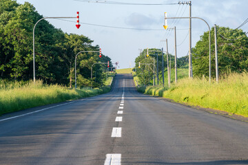 日本の北海道の真っすぐな天に続く道