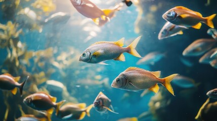 Naklejka premium Vibrant Underwater Scene of Fish in a Sustainable Aquaculture Habitat