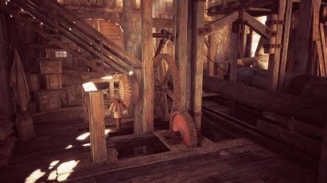 The interior of a vintage watermill reveals intricate gears and wooden beams, with sunlight filtering through, highlighting the craftsmanship and history of the structure.