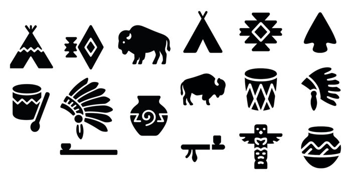 Collection of Native American symbols and images. The symbols include a buffalo, a drum, a teepee, and a pot. Scene is one of cultural appreciation and respect for Native American traditions