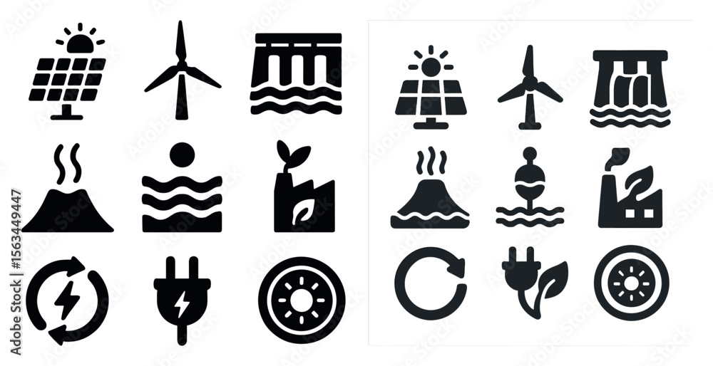 Poster collection of icons that represent various aspects of renewable energy. the icons include a windmill
