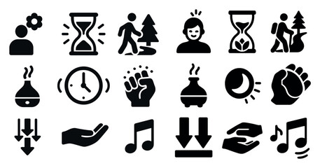 Obraz premium Collection of icons including a clock, a hand, a person, a tree, a person with a hand on their hip, a person with a hand on their head, a person with a hand on their chest, a person with a hand on