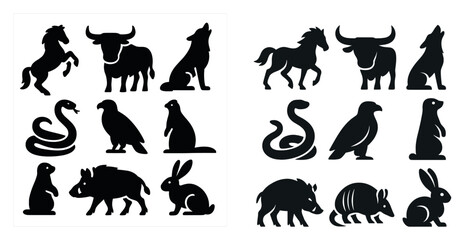The image is a collection of animal silhouettes, including a horse, a snake, a rabbit, a bear, and a wolf. The silhouettes are arranged in two rows, with each row containing six different animals