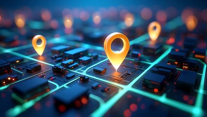 Glowing digital map with location pins and illuminated pathways on a dark background
