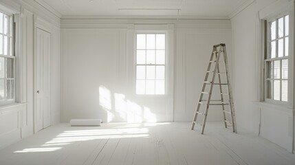 Freshly Painted White Room with Stepladder and Natural Light