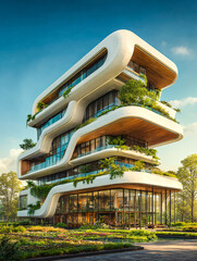 Bâtiment avec étages et végétation