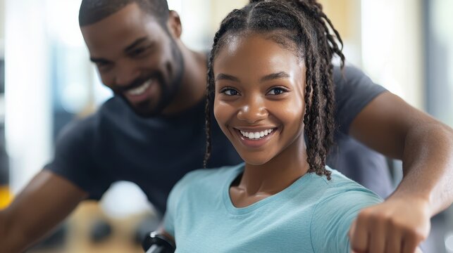 Young Woman Smiling While Performing Bicep Exercise in Gym Setting