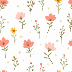 Scattered pastel flowers and budding branches on a white background, soft light, creating a gentle, cheerful, and repeating floral pattern.