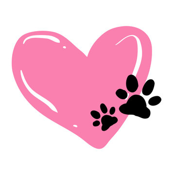 Heart with paw drawing. Hand drawn paw print with heart. Doodle animal love symbol