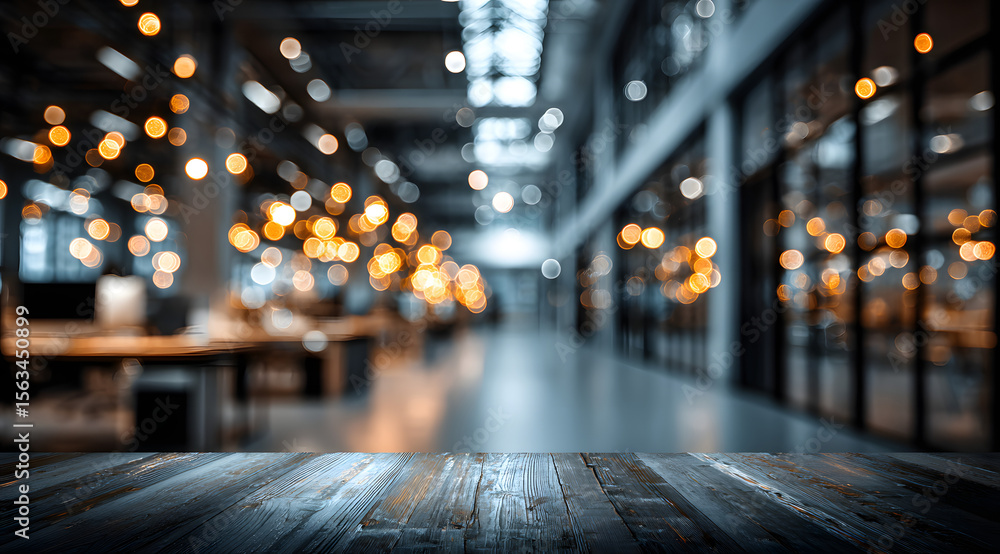 Poster blurred empty open space office. abstract light bokeh at office interior background for design