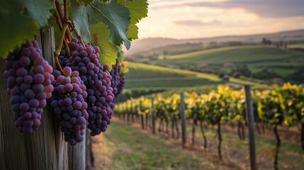 Vineyard at golden hour, heavy clusters of purple grapes hanging between wooden posts. 8
