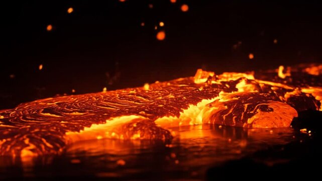 Molten lava flowing across dark surface