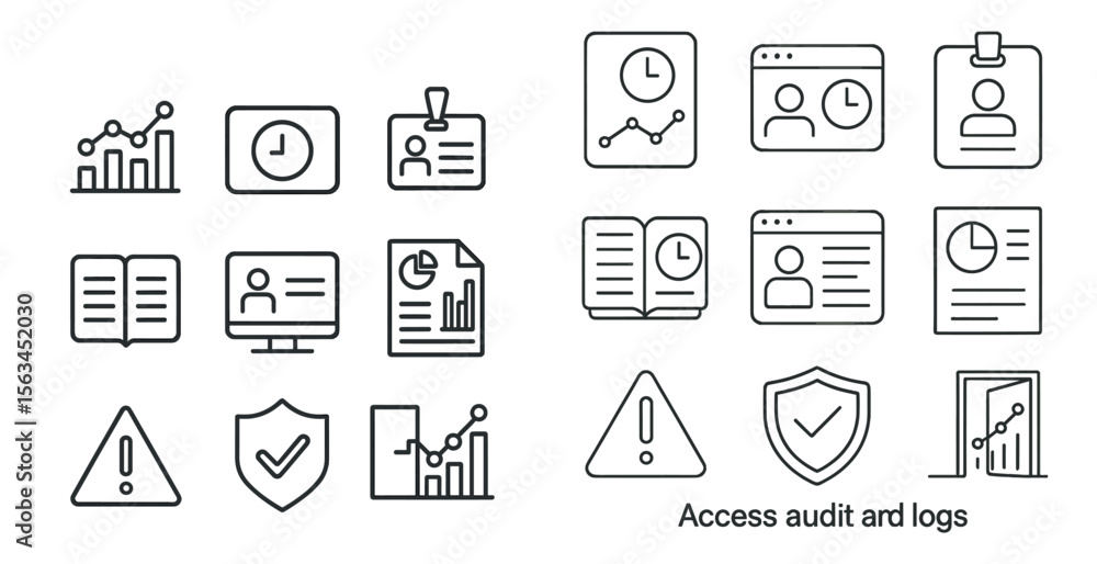 Poster set of icons for a computer program that includes a clock, a book, a shield, a person with a badge, 