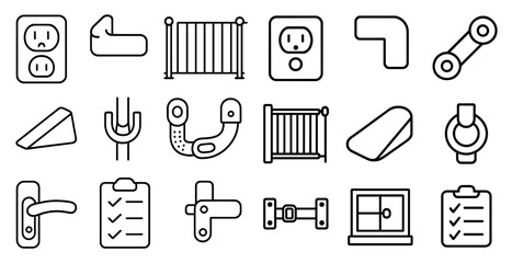 Set of icons for various household items, including a clock, a door, a window, and a chair