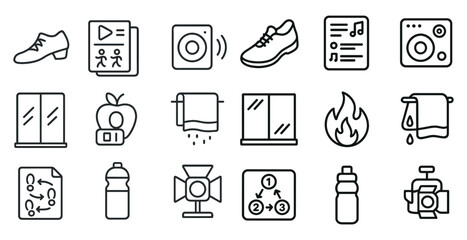 Set of icons for various items, including a book, a bottle, a shoe, and a music player