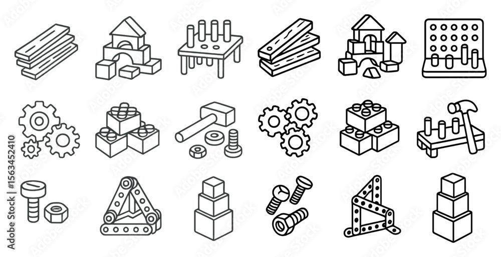 Poster collection of various shapes and sizes of blocks and tools. the blocks are of different sizes and sh
