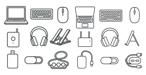 Collection of electronic devices and accessories, including a laptop, keyboard, mouse, and headphones. Concept of technology and productivity